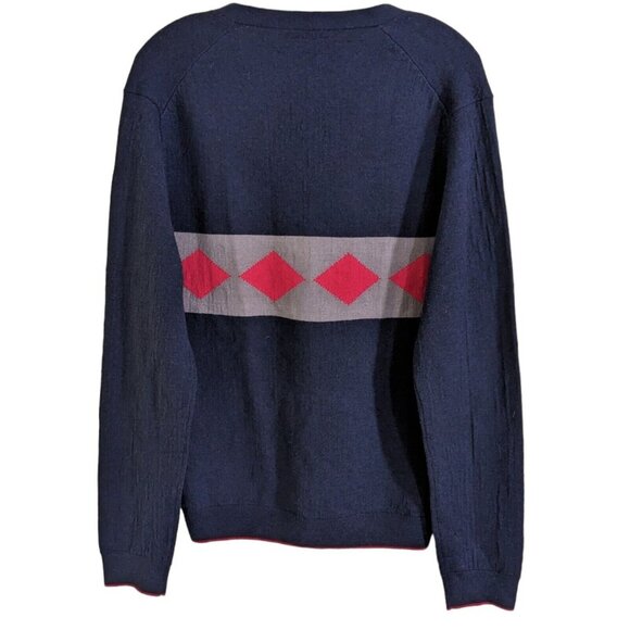 Farhi Wool Cashmere Cardigan Sweater Mens Large Blue Diamond Print Button Front - Picture 2 of 4